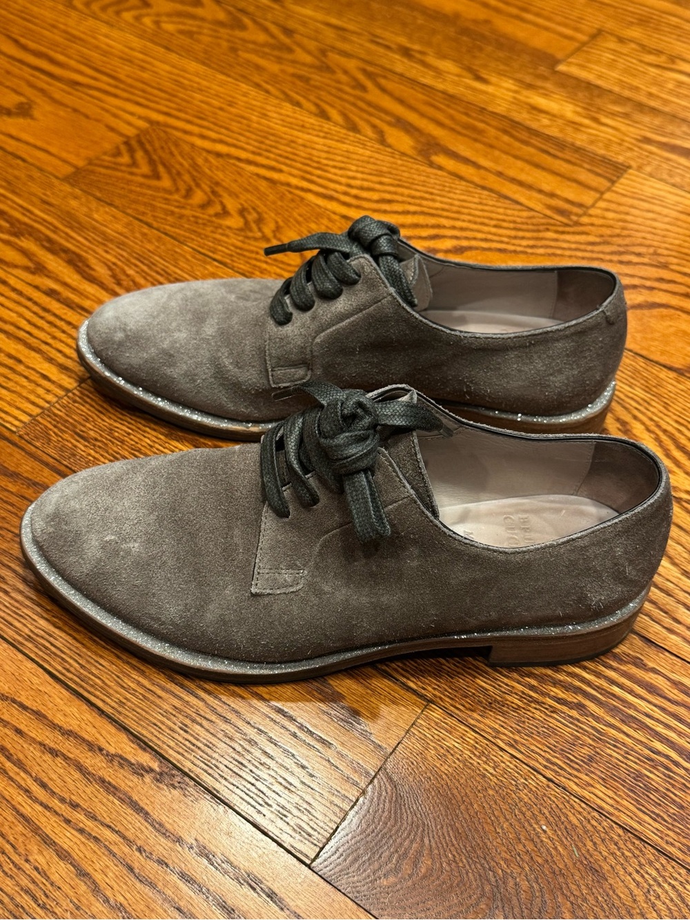 Brunello Cucinelli Suede Glitter Trim Taupe Gray Oxford Size 38 worn once